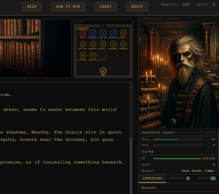 AI Driven Haunted Mansion app: the study room scene with a character portrait, mood/fear meters, and the room's item map