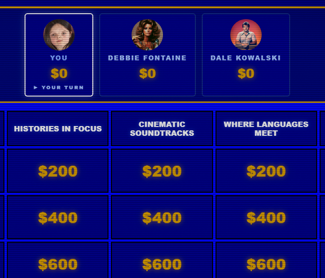 Not Jeopardy app: player scoreboard and a category board with dollar-value clue tiles