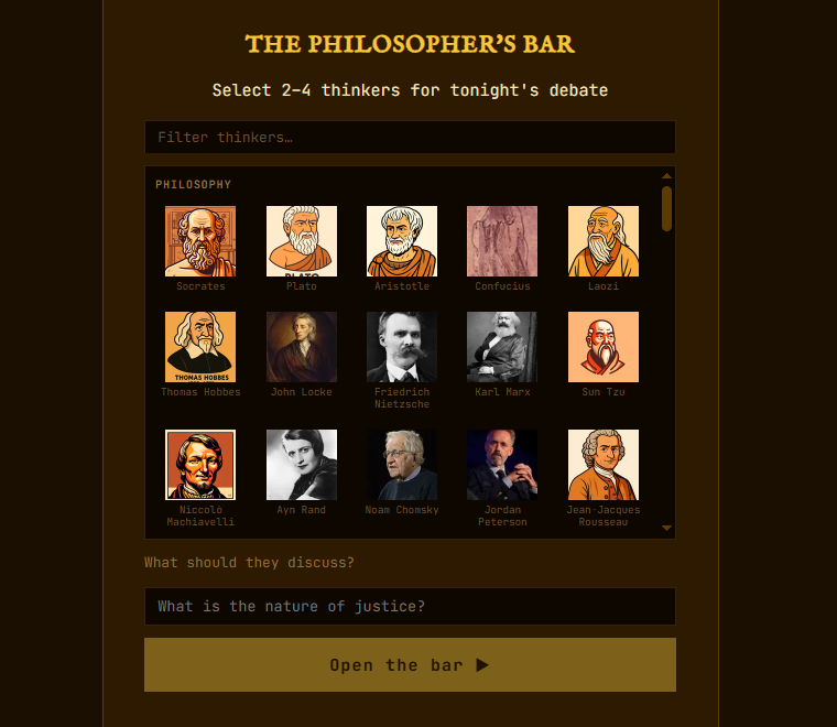 The Philosopher's Bar app: thinker selection screen with a grid of philosopher portraits and a topic field